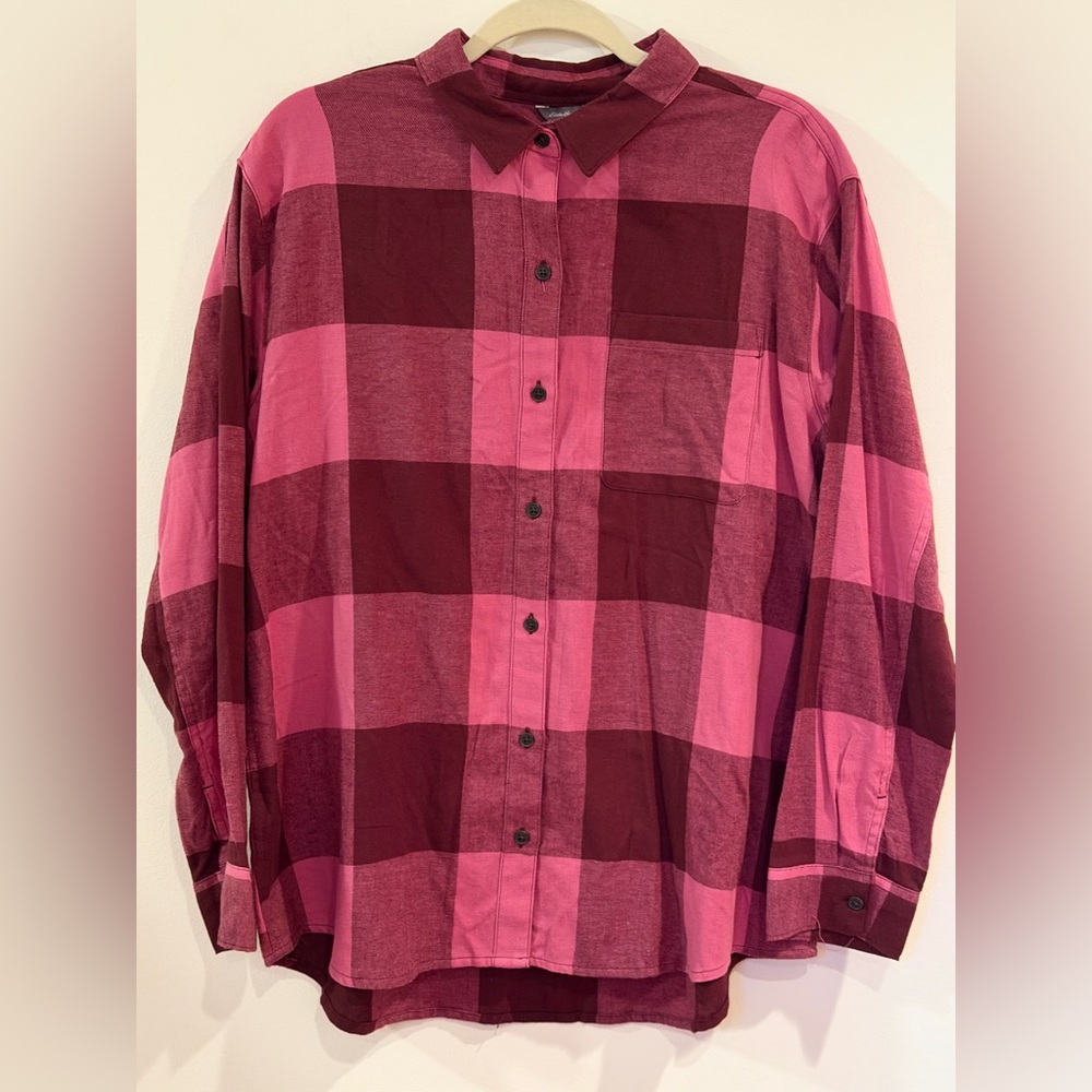 Eddie Bauer Women’s Casual Pink and Burgundy Plaid Flannel Shirt 100% Cotton